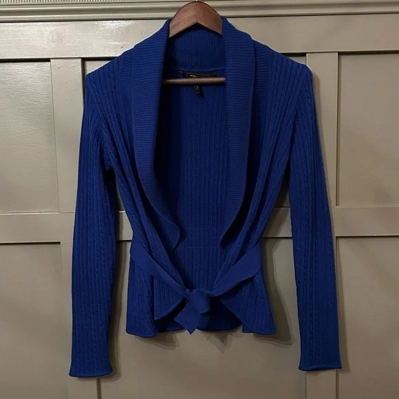 BCBGMaxAzria Cable Knit Cardigan Sweater Shawl Collar Tie Waist Blue Size Small - Picture 6 of 6